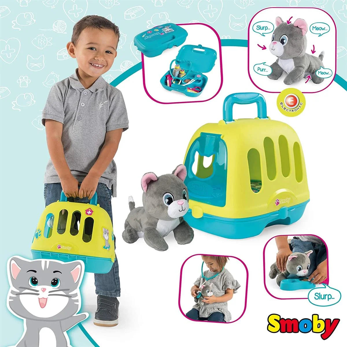 Smoby Aksesuarlı Veteriner Çantası ve Sesli Peluş Kedi 340302 | Toysall